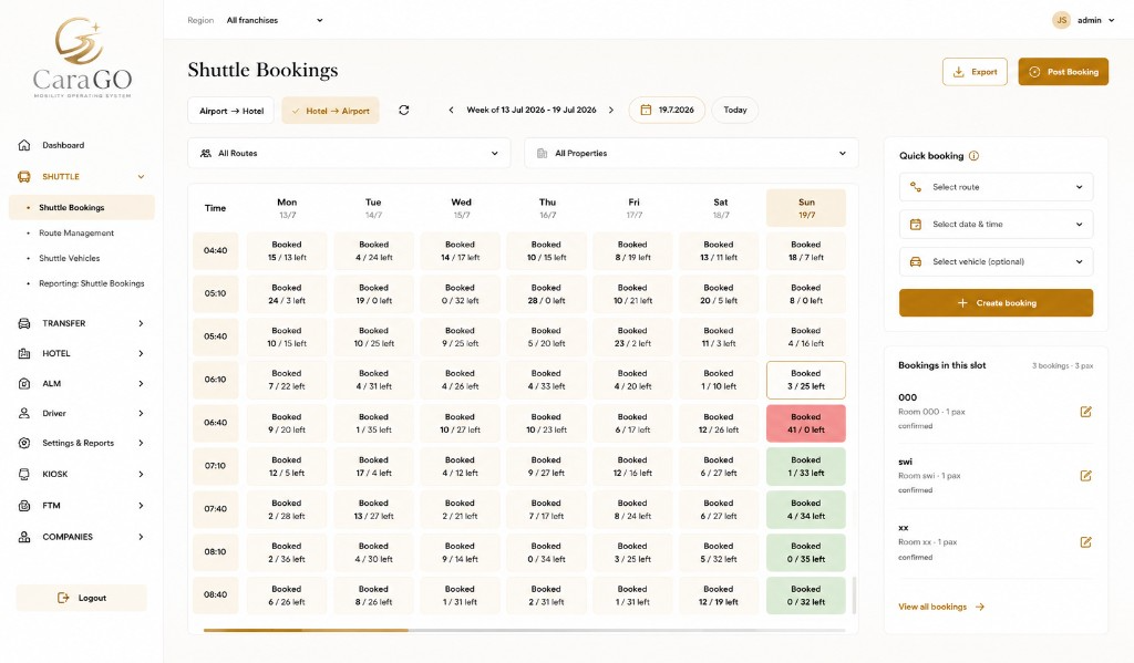 CaraGO — Shuttle Bookings (representative product view).